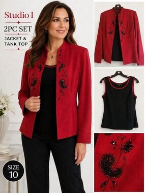 Studio I 2 Piece Red Black Embellished Paisley Jacket & Tank Set Size 10 Career